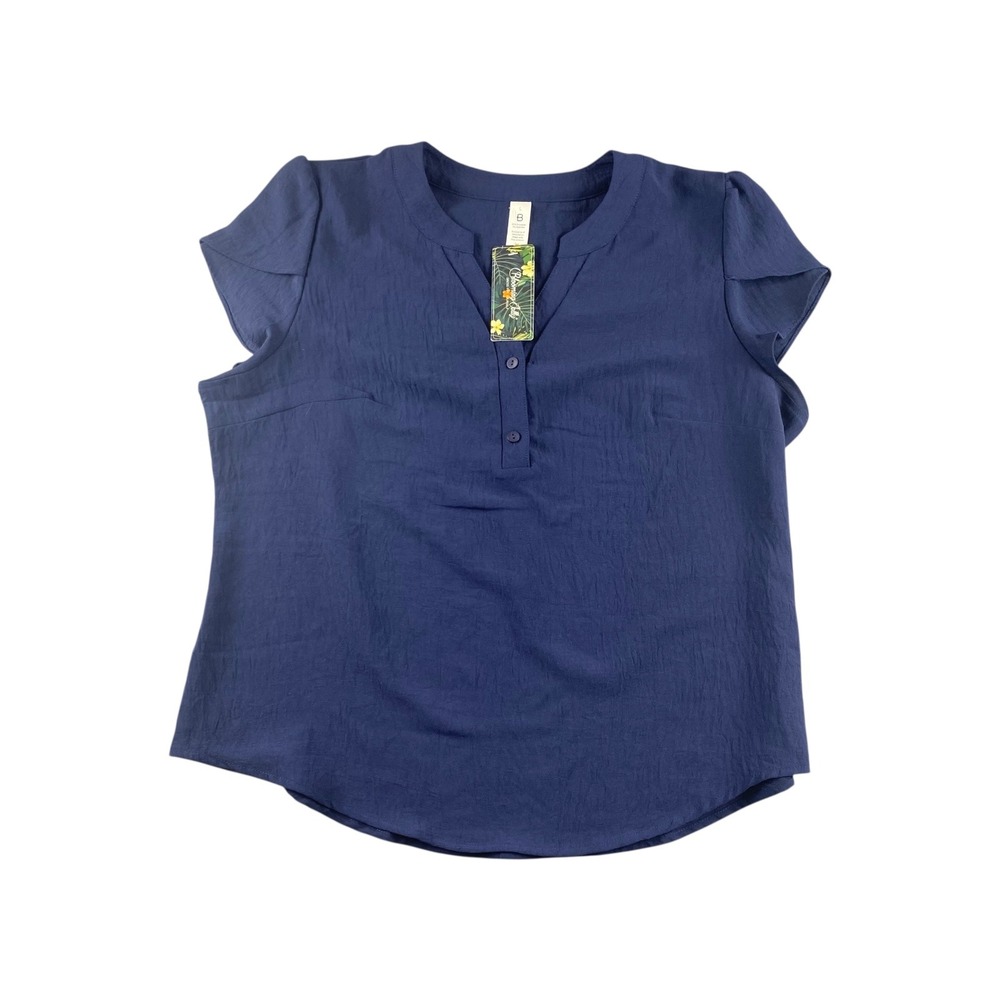 Blooming Jelly Women's Navy Blue Textured Cap Sleeve V-Neck Button Up Top Size L